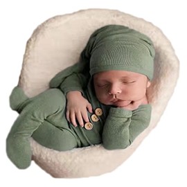 Fashion Newborn Boys Girls Baby Photo Shoot Props Outfits Crochet Clothes Long Tail Hat Pants Photography Props (grey-green)