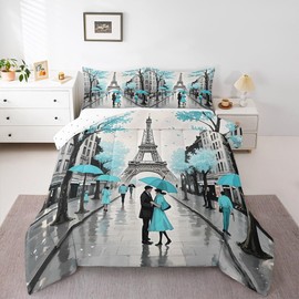 Blue Paris Bedroom Comforter Set Queen Teal Grey Eiffel Tower Couple Bedding Set For Girls Women Kids,Watercolor Oil Painting Paris Quilt Romantic Turquoise Bed Set Valentine'S Day Wedding Gifts 3 Pcs