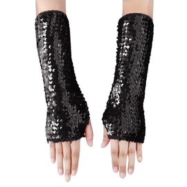 TINAYAUE Women Fashion Sequin Gloves Soft Sequin Cuffs Glitter Fingerless Gloves Elasticity Half Finger Gloves with Sequins for Role Play, Party, Opera Performance, black