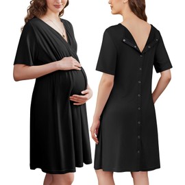 Ekouaer Labor and Delivery Gown for Hospital Short Sleeve Maternity Nursing Nightgown with Button Pregnancy Clothes Black L