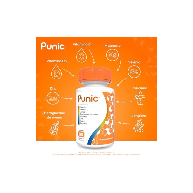 Punic 30 cápsulas de Vitamina C Vitamina D3 Jengibre Curcuma