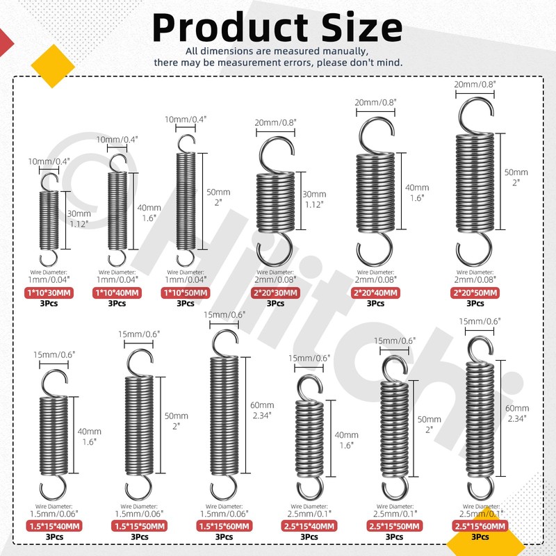 Hilitchi 36Pcs Extension Spring Assortment Kit 12 Sizes Extension Spring
