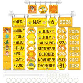 Bee Flip Calendar with 2 Pcs Adjustable Holder Honey Bee Bulletin Board Classroom Decorations Set 96 Date Festival Weather Cards Calendar for Study Room Home Decor Back to School Supplies(2026–2032)