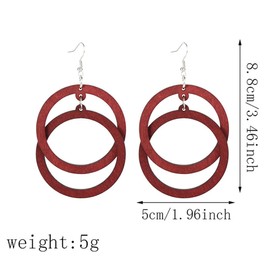 Bohemian Unique Handmade Wooden Hoop Splicing Earrings Retro Statement Colorful Contrast Wood Geometric Lightweight Dangle Drop Earrings for Women (Wine Red Hollow Earrings)