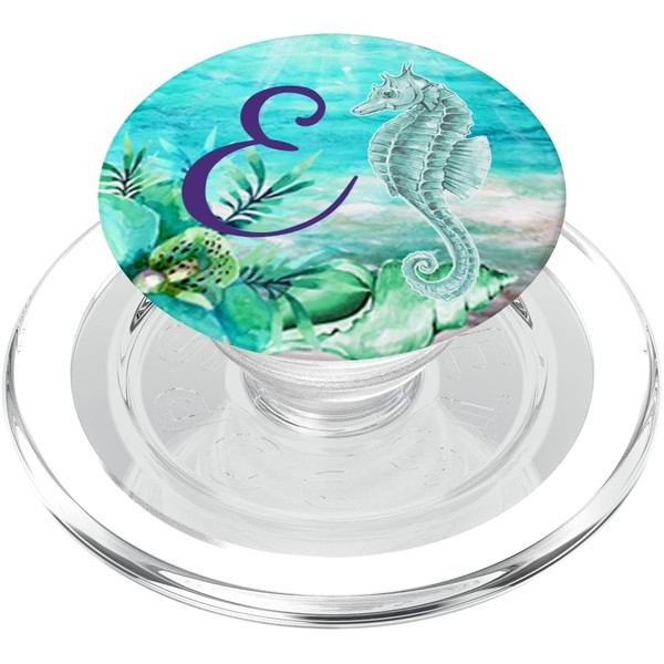 Blue Seahorse Monogram Letter E Art Script Initial Letter PopSockets