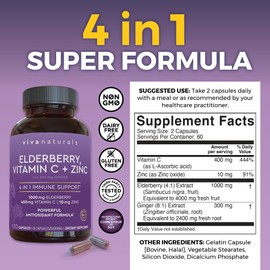 Viva Naturals Elderberry with Vitamin C and Zinc (120 Capsules) - 1000mg Sambucus Elderberry Immune Support Supplement, Black Elderberry Capsules for Adults - 2 Months Supply