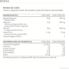 Rodia de OXOMIO - Recall, nootópico diario en cápsulas para protección mental y memoria (60 cápsulas) | Bacopin (Bacopa Monnieri), Extracto de Magnolia, Alfa GPC, Huperzina A