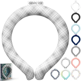 Genki Labo Neck Cooler, 75.2 °F (24 °C), Cooling Neck Ring, Heatstroke Prevention, Japanese Company, Adults, Children, Outdoor, 70% More Phase-Change Material, Color on Both Sides, L, Gray Check