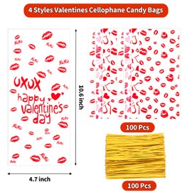 GOMANCHE GOMANCHE 100 Pieces Valentine's Day Cellophane Bags, 4 Assorted Styles Valentines Treat Bags, Valentines Goodies Bags with 100 Pieces Gold Twist Ties for Valentines Party Favors Supplies