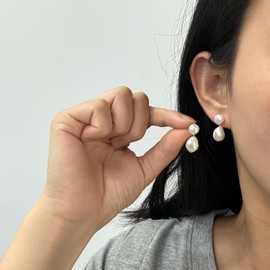 Handmade Freshwater Cultured White Baroque Pearl Dangling Drop Earrings for Women, 14K Gold Plated