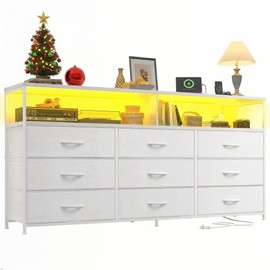 Romorgniz 55" W White Dresser for Bedroom with 9 Drawers, LED TV Stand with Power Outlets for 45, 55, 65 Inch TV, Sturdy Long Chest of Drawers with Extra 2 Wooden Shelves, 55.1" W x 35.4" H x 11.8" D