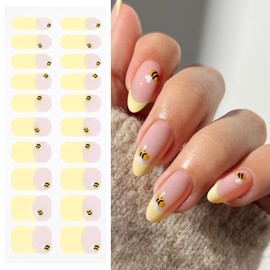 JMEOWIO Gel Nail Stickers Bee Yellow French Tip Semi Cured Gel Nail Strips Wraps UV/LED Nails Art Design Decoration Accessories