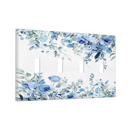 Tewujay Light Switch Cover Watercolor Blue Flower Plant 4 Gang Switch Plate Quad Toggle Wall Plates Decorative Switchplate Electrical Outlet Cover Plates for Bathroom Bedroom Decor