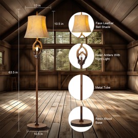 Rustic Farmhouse Antlers Floor Lamp with Night Light Faux Leather Bell Shade Brown Finish Tall Industrial Tall Standing Lamp Decor for Living Room Bedroom Hotel Office (Bulb Included)