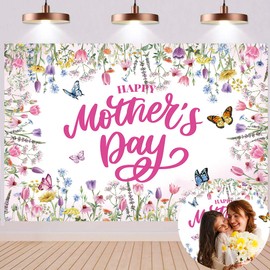 Happy Mother's Day Backdrop Pink Spring Floral Wildflower Butterfly Photography Background I Love You Mom Girls Women Mother Day Birthday Party Decorations (7x5FT)