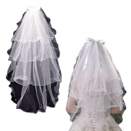 ZHEJIA Wedding Veil, Bridal Veil, Bride's Veil, Short 4-Tier Veil, Wavy Edge Processing and Pearl Hand Embroidery, Bowknot Included, Cute, Bridal, Wedding, Photography, Concert, Gift Decoration,