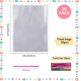 SOMIOCO Clear Cellophane Bags Gift Bags 12x16 in cello Treat Bags OPP Plastic Poly Bags Goodie Bags for Bakery, Cookie, Candies, Soaps, Party Favors Packaging with Color Twist Ties 50 PCS