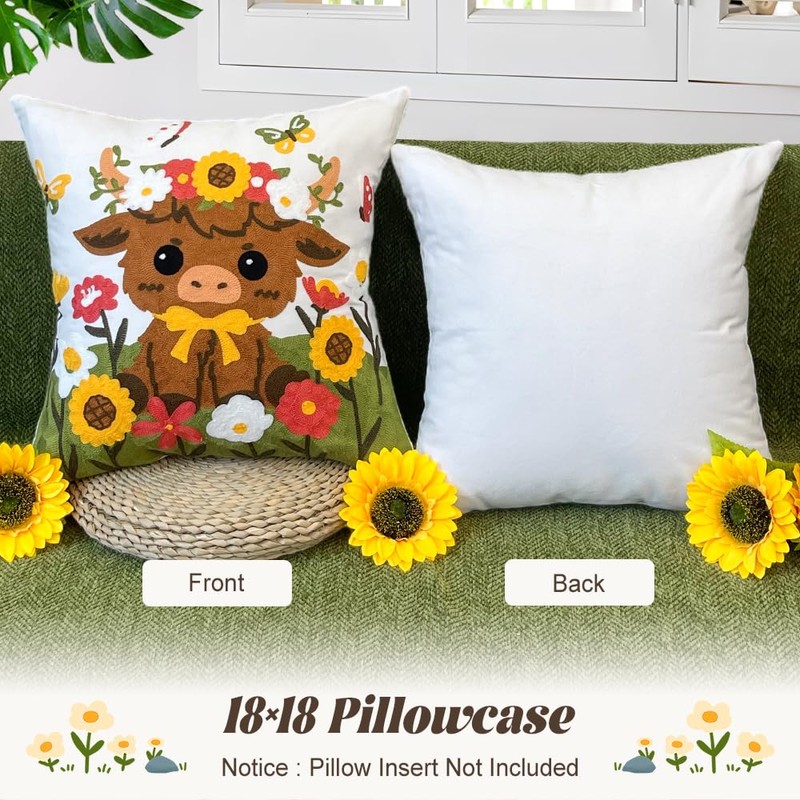 OECTVD Highland Cow Embroidered Throw Pillow Cover - 18x18 Outdoor