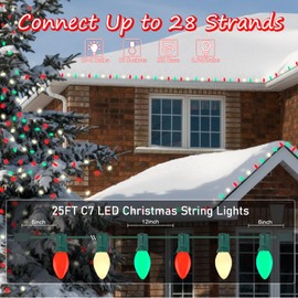 C7 LED Christmas Lights Outdoor - 25ft Red White and Green String Lights with 27 Ceramic Bulbs(2 Spare), Waterproof Commercial Grade Extendable for Indoor Outdoor Roofline Patio Yard Xmas Decor