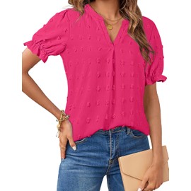 MEROKEETY Women's 2025 Summer V Neck Blouse Puff Sleeve Swiss Dot Business Casual Cute Shirts Tops,Hotpink,XL