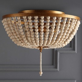 JONATHAN Y JYL9019A Allison 15" Wood Beaded/Metal LED Flush Mount, Contemporary, Transitional, for Bedroom, Livingroom, Office, Antiqued Gold