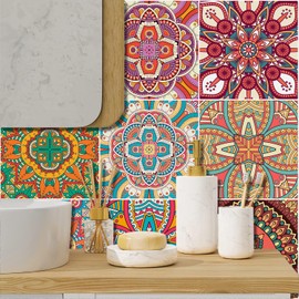 Colourful Moroccan Tile Stickers Mandala Tile Stickers Vintage Stair Sticker Table Stair Stickers Vinyl Wall Tile Stickers Modern Peel and Stick for Kitchen Living Room Home Decor (6x6 inches)