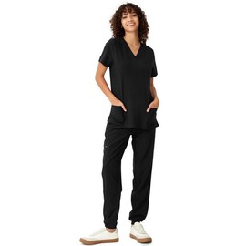 floralhue Scrubs for Women, V-Neck Scrubs Top & Cargo Pants, Scrubs Set with 10 Pockets, Yoga Waistband, 4 Way Stretch, Black, S