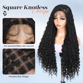 Lady Miranda Braided Wigs for Black Women Lace Front Knotless Boho Box Braid Wig with Curly Ends 30 Inch Full Lace Frontal Square Knotless Goddess Bohemian Box Braided Wigs with Baby Hair