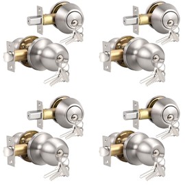 Knobonly Entry Door Knobs and Double Cylinder Deadbolt, Keyed Alike Door Handle Set with Same Keys, Combo Pack for Front Doors-Keyed on Both Side, Satin Nickel Finish, Contractor Pack of 4 Set