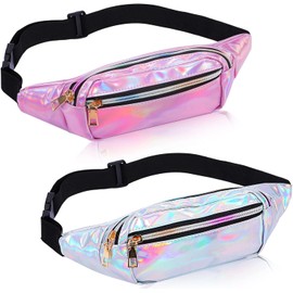 EXTRAPINS Pack of 2 Women's Bum Bag, 2 Compartments, Waterproof Waist Bag, Glitter Bum Bag, Leather Belt Bag, Adjustable Strap, Waist Bag for Outdoor Sports, Travel, Hiking (Silver + Pink),