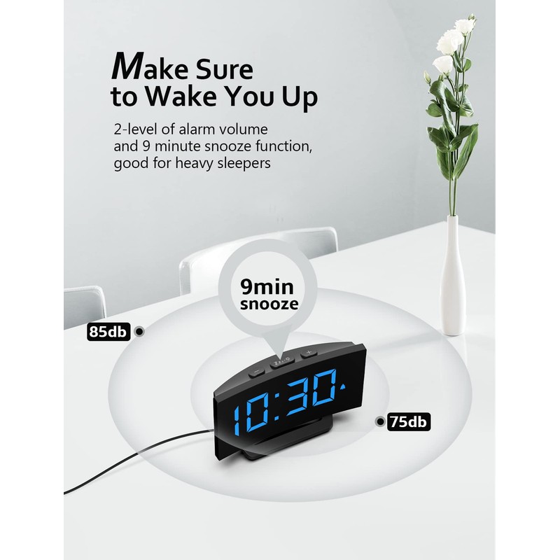 GOLOZA Digital Alarm Clock for Bedrooms, Modern Curved Design, Conspicuous