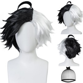 JoneTing Women Short Half Black Half White Wavy Wig 【+Hair Cap】 Short Curly Black and White Wig for Snow Cosplay for Women Party Wigs Halloween Christmas Anime Cosplay Themed Parties Costume Outfit