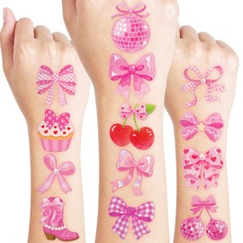 96 PCS Pink Bow Pre-Cut Temporary Tattoos for Kids | Super Cute Pink Bow Themed Birthday Party Favors, Supplies, Decorations, Fake Tattoo Stickers, School Rewards & Gifts for Boys & Girls