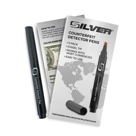 SILVER by AccuBANKER (5 Counterfeit Pens) Counterfeit Bill Detector Pen with Chisel Tip, Money Checker, Detector Pen Detects Fake Counterfeit Bills from Most World Currencies