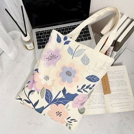 Imported Ethnic Style Simple Flower Canvas Eco Bag - Retro Shoulder Backpack for Students & Women (Vintage Style 65) Free Size/Pink Flower (35*40) 10ea