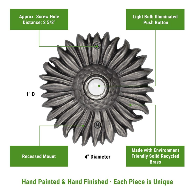 Waterwood Solid Brass Sunflower Doorbell in Pewter - Wired &