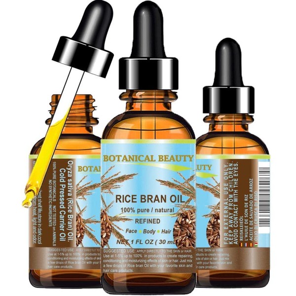 Botanical Beauty RICE BRAN OIL. 100% Pure / Natural / Refined / Undiluted Cold Pressed Carrier Oil for Face, Body, Hair, Massage and Nail Care. 1 Fl. oz-30 ml.