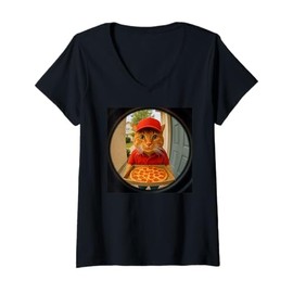 Womens Orange Tabby Cat Pizza Delivery Peephole V-Neck T-Shirt