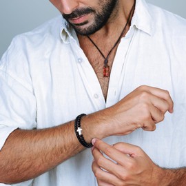 YL Mens Christian Cross Leather Bracelet Black Nature Stone Beaded Bracelet 18k White Gold Plated Double Row Braided Bangle Wristband Jewelry