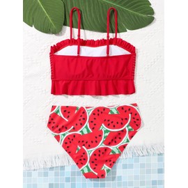 WDIRARA Girl's 2 Piece Set Watermelon Print Swimwear Smocked Ruffle Hem Bikini Set Red 10-11Y