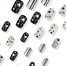 24Pcs Valentine's Day Press on Nails Square Medium Black White Heart False Nails with Stars and Lines Design Acrylic Nails Medium Coffin Nails Full Cover Stick on Nails DIY Glue on Nails for Women
