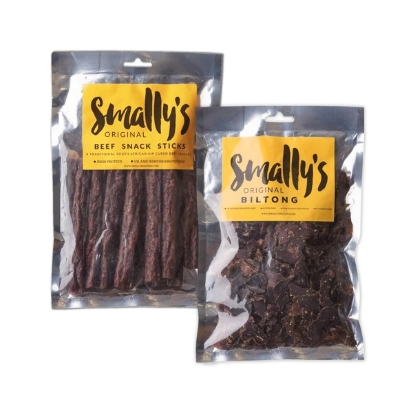 Smally's Biltong - Original Biltong 250g and Beef Snack Sticks 250g, Combo Pack, Droewors, High Protein Beef Snack, Traditional South African Flavour - 2 x 250g Pack