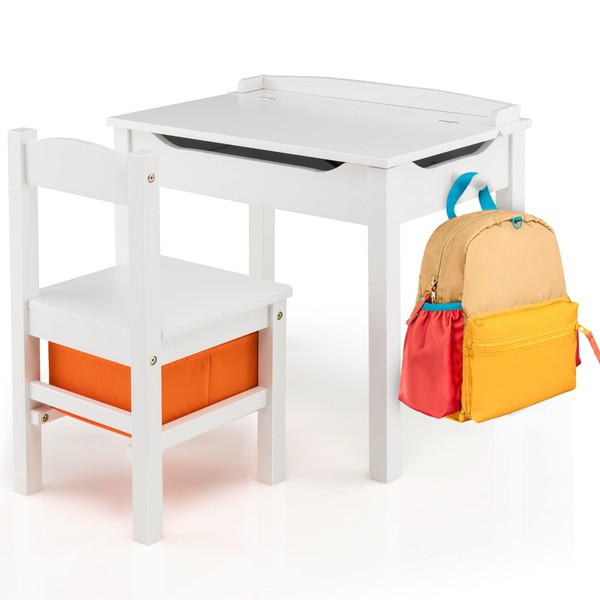 COSTWAY Children's Wooden Table and Chairs with Folding Tray, Children's Desk with Storage Space, Side Hook, Load 70 kg for Children Aged 3 Years+, 59 x 40 x 55 cm (White)
