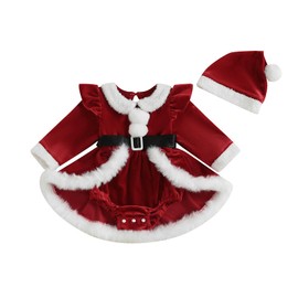 Ursobutegl Newborn Infant Baby Girl Christmas Clothes Santa Claus Romper Dress Fur Trim Velvet Jumpsuit Bodysuit Hat Costume (Red, 12-18 Months)