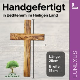 Lunexus Wandkreuz Olivenholz mit Fase gesegnet handgefertigt Bethlehem – 25x15 cm Holzkreuz zur Aufhängung mit Zertifikat – Taufkreuz Geschenk Kommunion Konfirmation Haussegen christliches Kreuz Deko