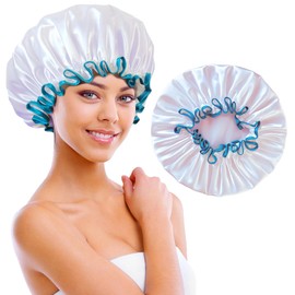 choshion Shower Cap Reusable Waterproof, Large Shower Cap for Women, Shower Caps for Braids Long Hair, Double Layer Satin Plastic Hair Cap for Shower