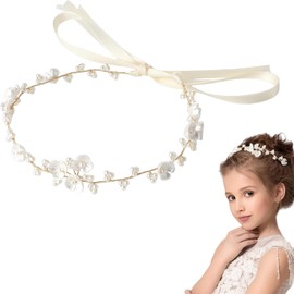 Heyumybit Flower Girl Hair Headpiece Headband,White Pearl Flower Headband,Princess Girl Wedding Hair Accessory,Band for Girls Birthday Party Wedding Party