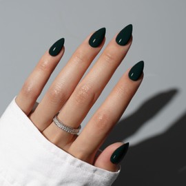 KQueenest Black Press On Nails Short - Acrylic Press On Nails Almond, Sheer Dark Short Fake Nails Set, Glossy Opaque, Stiletto Reusable Soft Gel Glue on Nails for Women, 30 Pcs