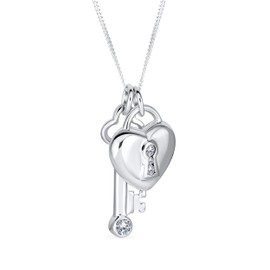 Love Lock And Key Heart CZ Accent Charm Pendant Necklace For Women For Girlfriend .925 Sterling Silver