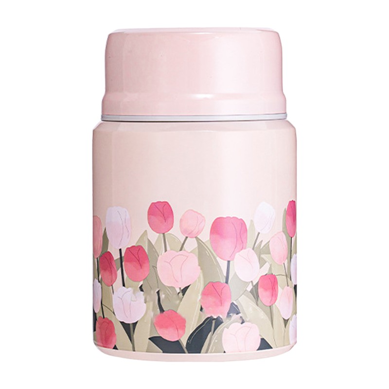 Insulated Food Jar Flower Pattern 450ML Capacity Stainless Steel Portable